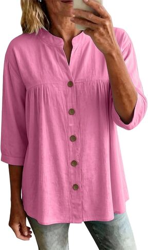 Womens Linen Tops Casual Loose 3/4 Sleeve Button Down Peplum Tunic Top Summer Lightweight Gauze V-Neck Blouse in Saudi Arabia