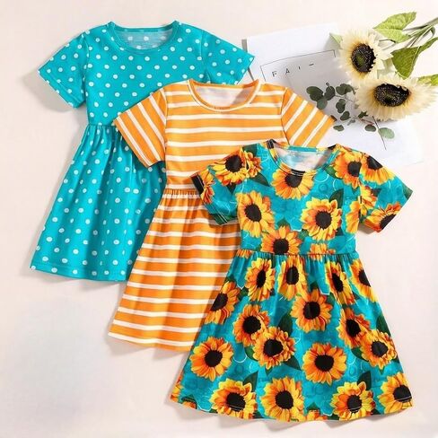 Girls Dress 3-Piece Set Short Sleeve Printed Dresses for Toddler Girls 4-7 Years Old in Saudi Arabia
