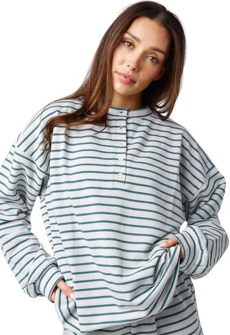 تي شيرت Almere قطني طويل الأكمام من Henley كبير الحجم، مخطط بأزرار سفلية، مناسب للصديق in Kuwait