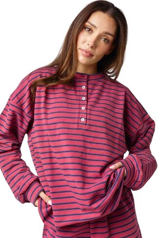 تي شيرت Almere قطني طويل الأكمام من Henley كبير الحجم، مخطط بأزرار سفلية، مناسب للصديق in Kuwait