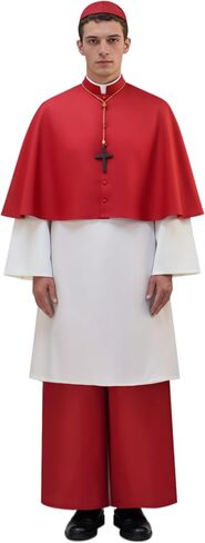Cardinal Costume Adult Mens Red Clergy Bishop Costume Set with Hat, Cross Necklace and Cape for Halloween in Saudi Arabia