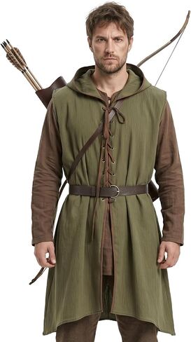 JEGERMIG Medieval Hooded Surcoat Sleeveless Tunic with Belt Renaissance Costume Ren Faire Outfit Knight Viking in Kuwait