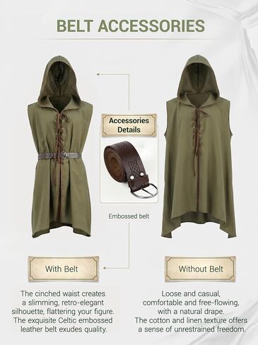 JEGERMIG Medieval Hooded Surcoat Sleeveless Tunic with Belt Renaissance Costume Ren Faire Outfit Knight Viking in Kuwait