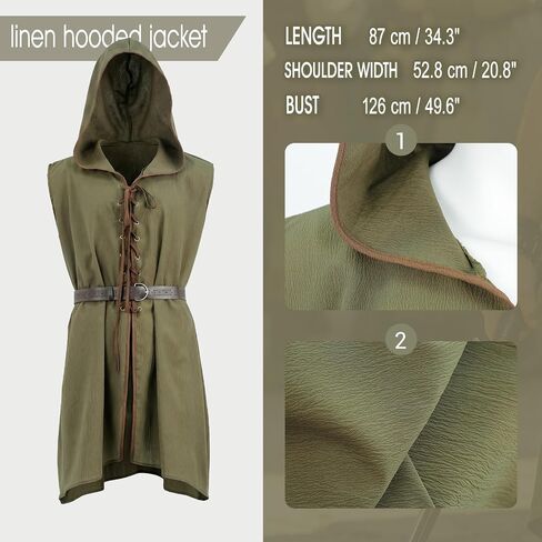 JEGERMIG Medieval Hooded Surcoat Sleeveless Tunic with Belt Renaissance Costume Ren Faire Outfit Knight Viking in Kuwait