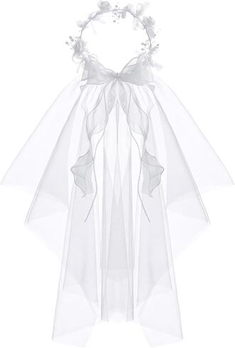 Girls First Communion Veil White Flower Crown Floral Pearls Wreath Lace Veil in Kuwait