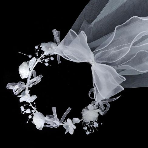Girls First Communion Veil White Flower Crown Floral Pearls Wreath Lace Veil in Kuwait
