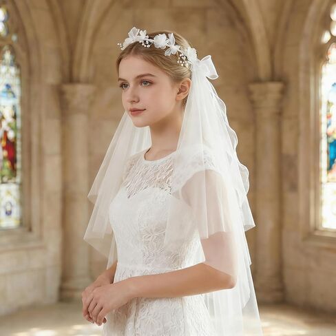 Girls First Communion Veil White Flower Crown Floral Pearls Wreath Lace Veil in Kuwait