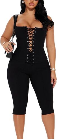 2 Piece Sets for Women Sexy Ribbed Crop Tops High Waist Bodycon Capri Pants Womens Summer Outfits Clubwear in Saudi Arabia