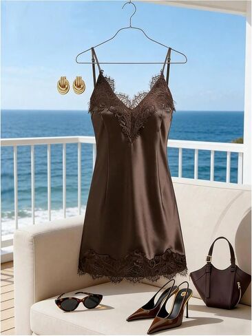 SweatyRocks Women's Satin Lace Mini Slip Dress V Neck Spaghetti Strap Elegant Party Dresses in Saudi Arabia