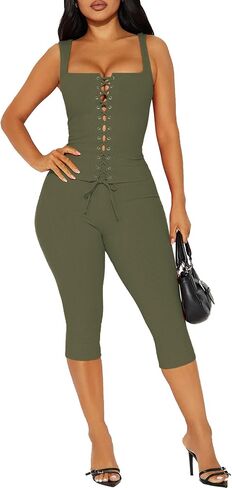 2 Piece Sets for Women Sexy Ribbed Crop Tops High Waist Bodycon Capri Pants Womens Summer Outfits Clubwear in Kuwait