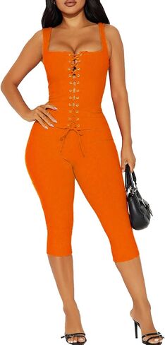 2 Piece Sets for Women Sexy Ribbed Crop Tops High Waist Bodycon Capri Pants Womens Summer Outfits Clubwear in Kuwait