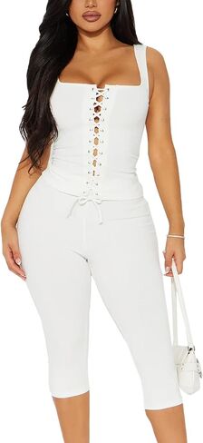2 Piece Sets for Women Sexy Ribbed Crop Tops High Waist Bodycon Capri Pants Womens Summer Outfits Clubwear in Kuwait