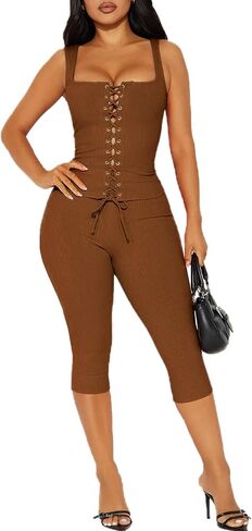 2 Piece Sets for Women Sexy Ribbed Crop Tops High Waist Bodycon Capri Pants Womens Summer Outfits Clubwear in Kuwait