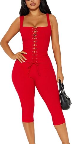 2 Piece Sets for Women Sexy Ribbed Crop Tops High Waist Bodycon Capri Pants Womens Summer Outfits Clubwear in Kuwait