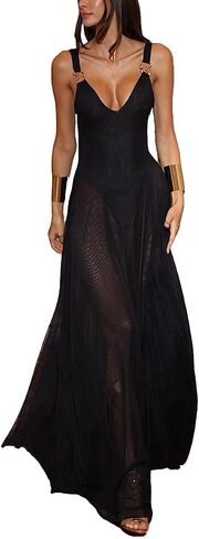 Women's Sexy See Through Sheer Lace Maxi Dress Mesh A-line Long Dresses Beach Vacation Party Wear in Saudi Arabia