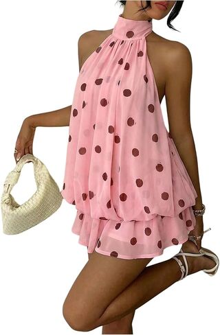 OYOANGLE Women's Polka Dots Chiffon Halter Mini Dress Sleeveless Drop Waist Going Out Vacation Summer Dresses in Saudi Arabia