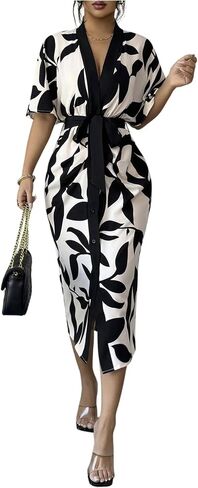 SweatyRocks Women's Floral Print Elegant Summer Midi Formal Dress Dolman Sleeve Tie Waist Bodycon Cocktail Dresses in Saudi Arabia