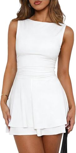 Women's Ruffle Hem Mini Dress Boat Neck Sleeveless Ruched Waist Summer Formal Party Dresses in Saudi Arabia