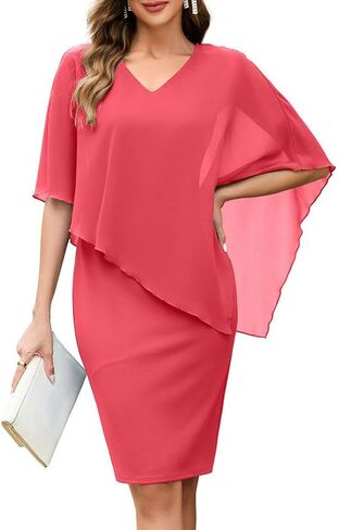 oten Women's Chiffon Wedding Guest Bodycon Dress Cape Overlay V Neck Cocktail Birthday Party Knee Length Pencil Dresses in Saudi Arabia