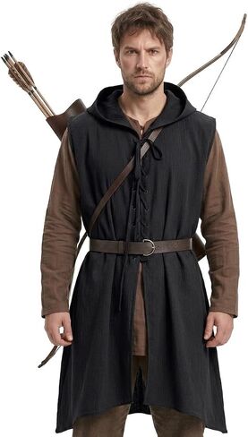 JEGERMIG Medieval Hooded Surcoat Sleeveless Tunic with Belt Renaissance Costume Ren Faire Outfit Knight Viking in Kuwait