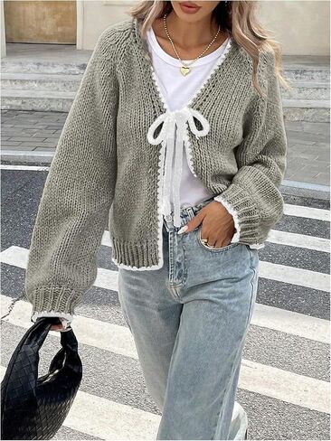 GORGLITTER Women's Tie Front Cardigan Bow Y2K Long Sleeve V Neck Chunky Knit Sweater in Saudi Arabia