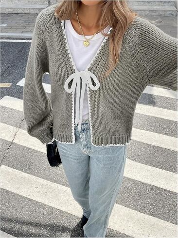 GORGLITTER Women's Tie Front Cardigan Bow Y2K Long Sleeve V Neck Chunky Knit Sweater in Saudi Arabia