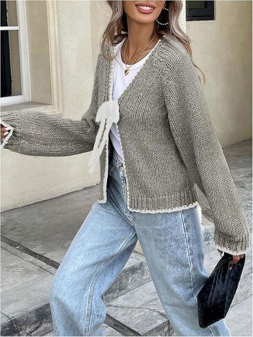 GORGLITTER Women's Tie Front Cardigan Bow Y2K Long Sleeve V Neck Chunky Knit Sweater in Saudi Arabia