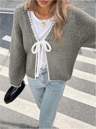 GORGLITTER Women's Tie Front Cardigan Bow Y2K Long Sleeve V Neck Chunky Knit Sweater in Saudi Arabia