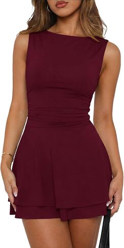 Women's Ruffle Hem Mini Dress Boat Neck Sleeveless Ruched Waist Summer Formal Party Dresses in Saudi Arabia