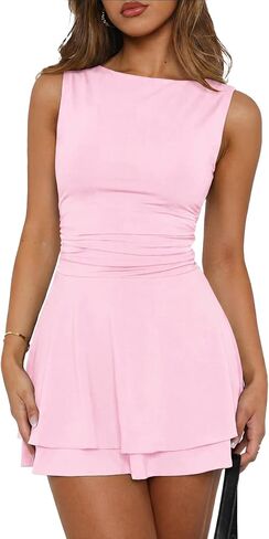 Women's Ruffle Hem Mini Dress Boat Neck Sleeveless Ruched Waist Summer Formal Party Dresses in Saudi Arabia