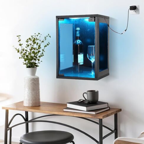 Wall Mounted Display Case Shadow Box with Lights LED,Display Cabinet with Glass Doors for Collectibles RGB Lighting,Three-Sided Glass Viewing Panels 9.8" D x 10.6" W x 15.4" H in Saudi Arabia