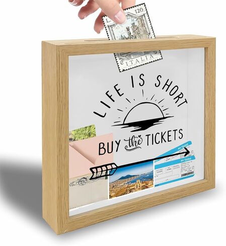 8x8 Shadow Box Frame - Decorative Sunshine Wooden Memorable Box For Saving - Life Is Short Buy The Tickets - Display Memory Cases Suitable For Tickets Pictures - Travel Vacation Keepsake Gift - A07 in Saudi Arabia