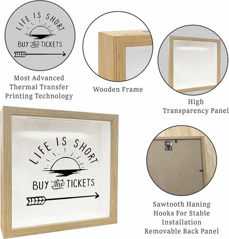8x8 Shadow Box Frame - Decorative Sunshine Wooden Memorable Box For Saving - Life Is Short Buy The Tickets - Display Memory Cases Suitable For Tickets Pictures - Travel Vacation Keepsake Gift - A07 in Saudi Arabia