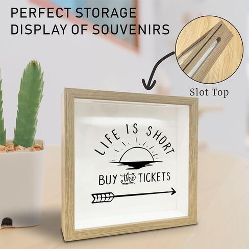 8x8 Shadow Box Frame - Decorative Sunshine Wooden Memorable Box For Saving - Life Is Short Buy The Tickets - Display Memory Cases Suitable For Tickets Pictures - Travel Vacation Keepsake Gift - A07 in Saudi Arabia
