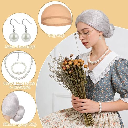 مجموعة أزياء شعر مستعار للسيدة القديمة من كاريوتي لمدة 100 يوم من زي المدرسة، قبعة شعر مستعار فضية، سلسلة نظارات، قلادة من اللؤلؤ، أقراط سوار للنساء، لوازم الحفلات التنكرية in Kuwait