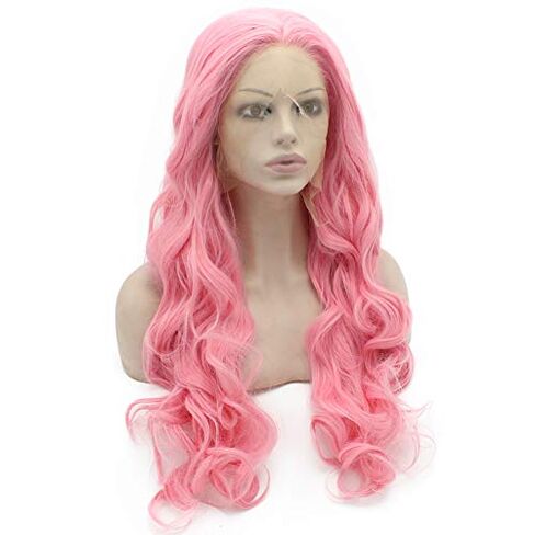 MX angel Long Wavy Synthetic Lace Front Cosplay Party Pink Wig Heat Resistant in Kuwait