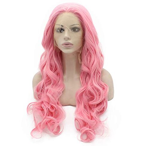 MX angel Long Wavy Synthetic Lace Front Cosplay Party Pink Wig Heat Resistant in Kuwait