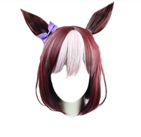 Special Week Cosplay Wig Short maroon Wig (With ears white braid + purple bow) in Saudi Arabia