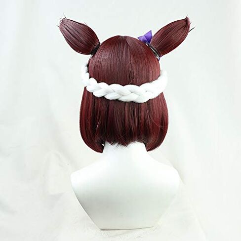 Special Week Cosplay Wig Short maroon Wig (With ears white braid + purple bow) in Saudi Arabia