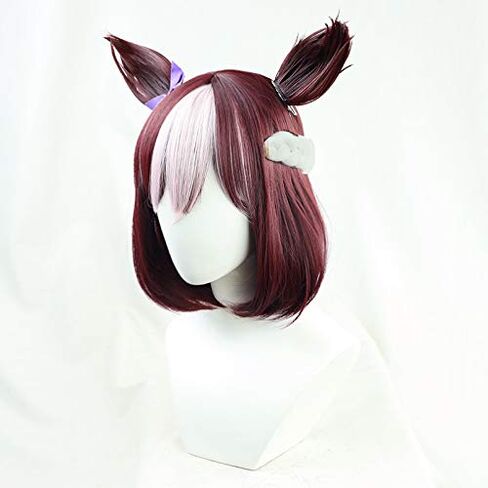 Special Week Cosplay Wig Short maroon Wig (With ears white braid + purple bow) in Saudi Arabia