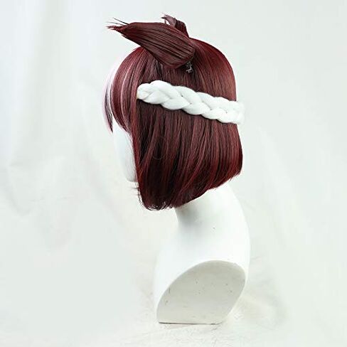 Special Week Cosplay Wig Short maroon Wig (With ears white braid + purple bow) in Saudi Arabia