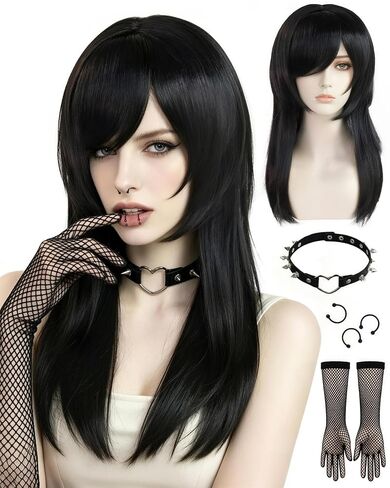 22inch Emo Wig with Bangs 2000s Wig for Women Long Black Scene Wigs Goth Wigs with Set 3 Fake Piercings,1 Fishnet Gloves,1 Choker for Halloween Themed Party Costume Outfit + Hair Cap in Saudi Arabia