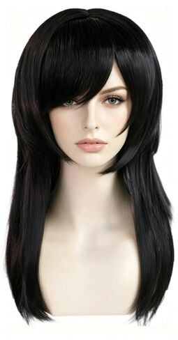 22inch Emo Wig with Bangs 2000s Wig for Women Long Black Scene Wigs Goth Wigs with Set 3 Fake Piercings,1 Fishnet Gloves,1 Choker for Halloween Themed Party Costume Outfit + Hair Cap in Saudi Arabia