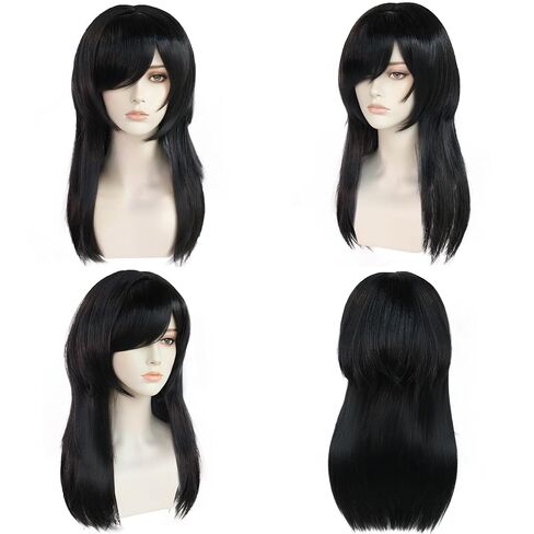 22inch Emo Wig with Bangs 2000s Wig for Women Long Black Scene Wigs Goth Wigs with Set 3 Fake Piercings,1 Fishnet Gloves,1 Choker for Halloween Themed Party Costume Outfit + Hair Cap in Saudi Arabia