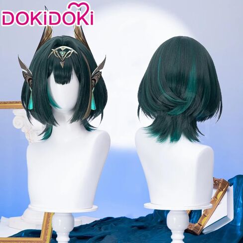شعر مستعار KIRA KIRA Genshin Nafer Cosplay، شعر مستعار Genshin Nafer بطول 35 سم، شعر مستعار أخضر مستقيم قصير لأغنية Welkin Moon (أخضر) in Kuwait