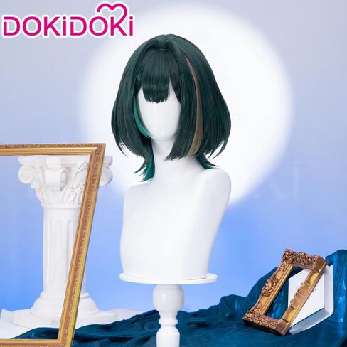 شعر مستعار KIRA KIRA Genshin Nafer Cosplay، شعر مستعار Genshin Nafer بطول 35 سم، شعر مستعار أخضر مستقيم قصير لأغنية Welkin Moon (أخضر) in Kuwait