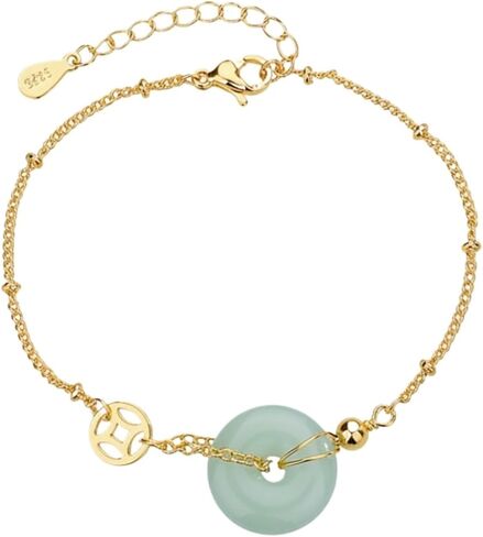 Feng Shui Lucky Bracelet for Women 14K Gold Plated Green Gemstone Peace Knot Adjustable Bangle for Good Luck Protection Valentine‘s Day Gift for Her in Saudi Arabia