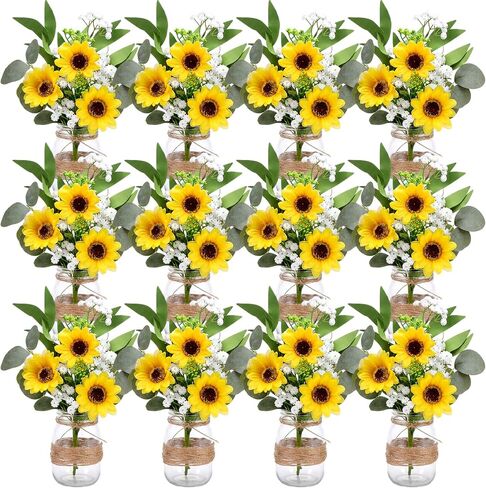 12 Sets Sunflower Mason Jar Table Centerpiece Mason Jar Vases with Rope Fake Plant Eucalyptus Flower Faux Floral Table Decorations for Reception Engagement Party Bridal Shower Wedding in Saudi Arabia