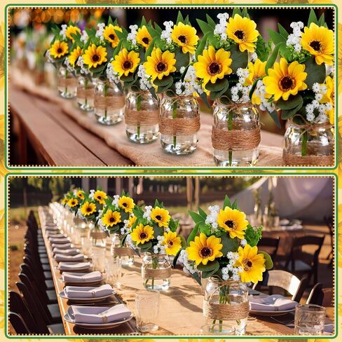 12 Sets Sunflower Mason Jar Table Centerpiece Mason Jar Vases with Rope Fake Plant Eucalyptus Flower Faux Floral Table Decorations for Reception Engagement Party Bridal Shower Wedding in Saudi Arabia