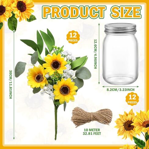 12 Sets Sunflower Mason Jar Table Centerpiece Mason Jar Vases with Rope Fake Plant Eucalyptus Flower Faux Floral Table Decorations for Reception Engagement Party Bridal Shower Wedding in Saudi Arabia